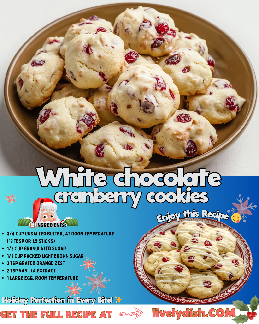A batch of freshly baked white chocolate cranberry cookies with golden edges, studded with creamy white chocolate chips and vibrant red cranberries.