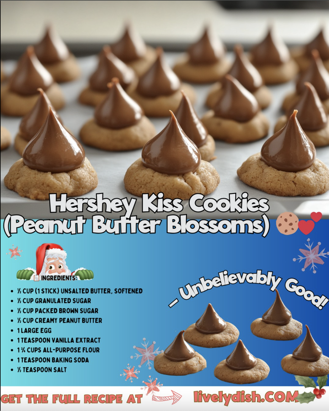 A close-up of freshly baked Hershey Kiss Cookies (Peanut Butter Blossoms) arranged on a baking sheet. Each cookie features a soft, golden-brown peanut butter base topped with a glossy Hershey’s Kiss in the center.