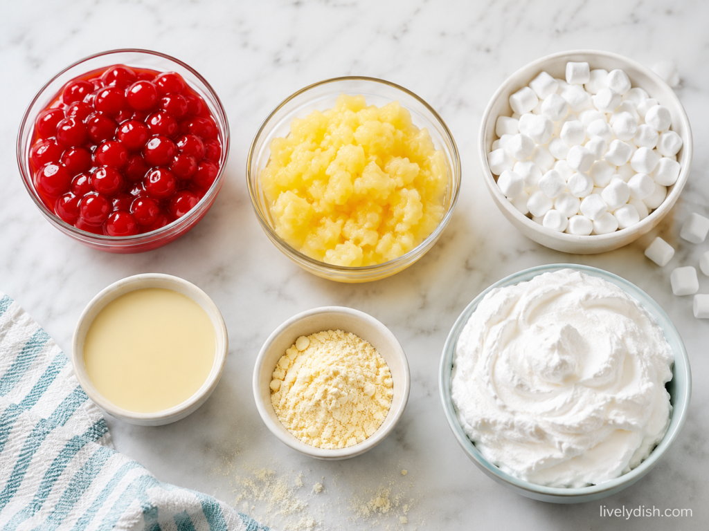 the flat-lay image showing cherries, pineapple, marshmallows, pudding mix, condensed milk, and Cool Whip