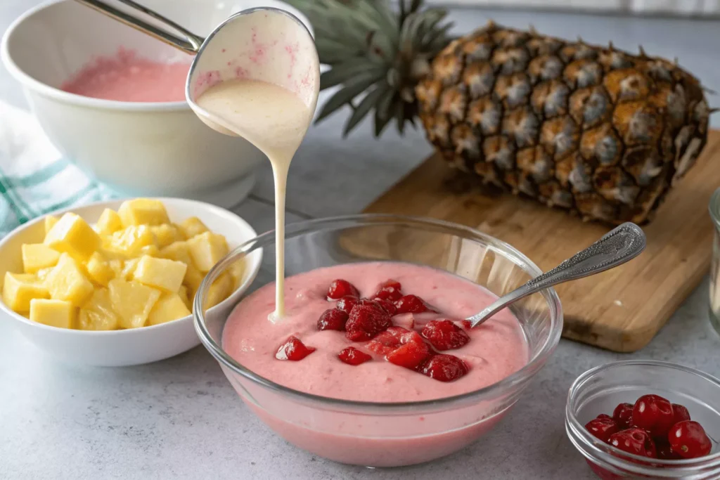 Adding drained crushed pineapple to junkyard salad base