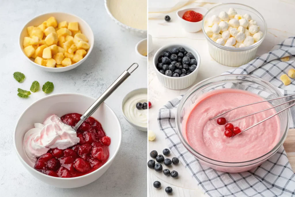 Adding mini marshmallows and fresh blueberries to junkyard salad