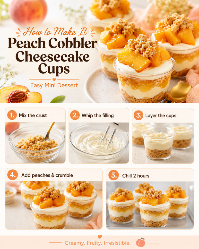 step by step No-Bake Peach Cobbler Cheesecake Cups