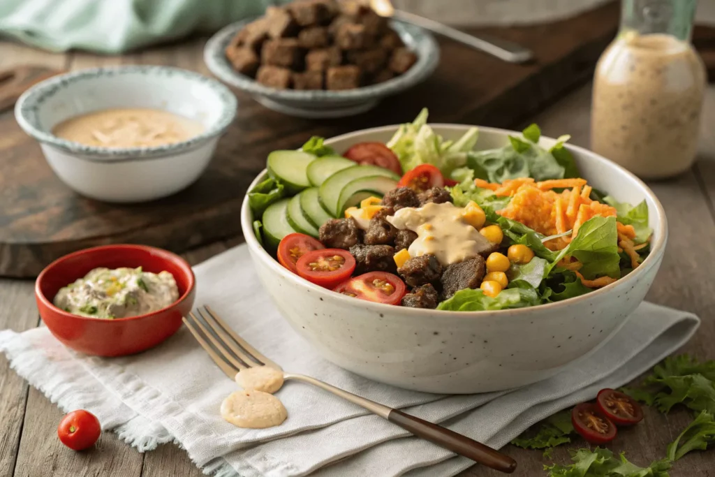 Big Mac salad in white bowl, special sauce drizzled on top
