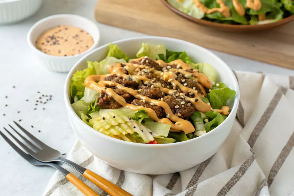 Big Mac salad in white bowl, special sauce drizzled on top