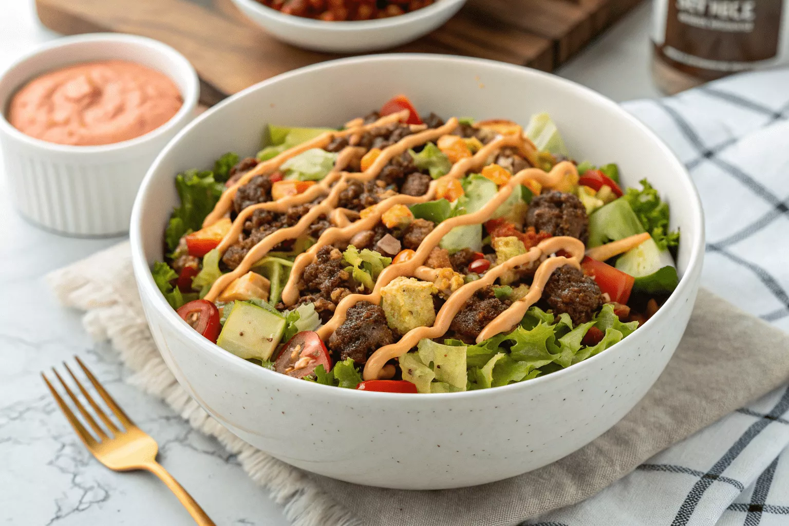 Big Mac salad in white bowl, special sauce drizzled on top