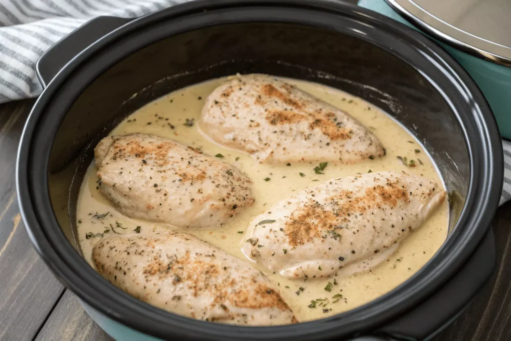 Creamy sauce mixture in slow cooker for angel chicken recipe