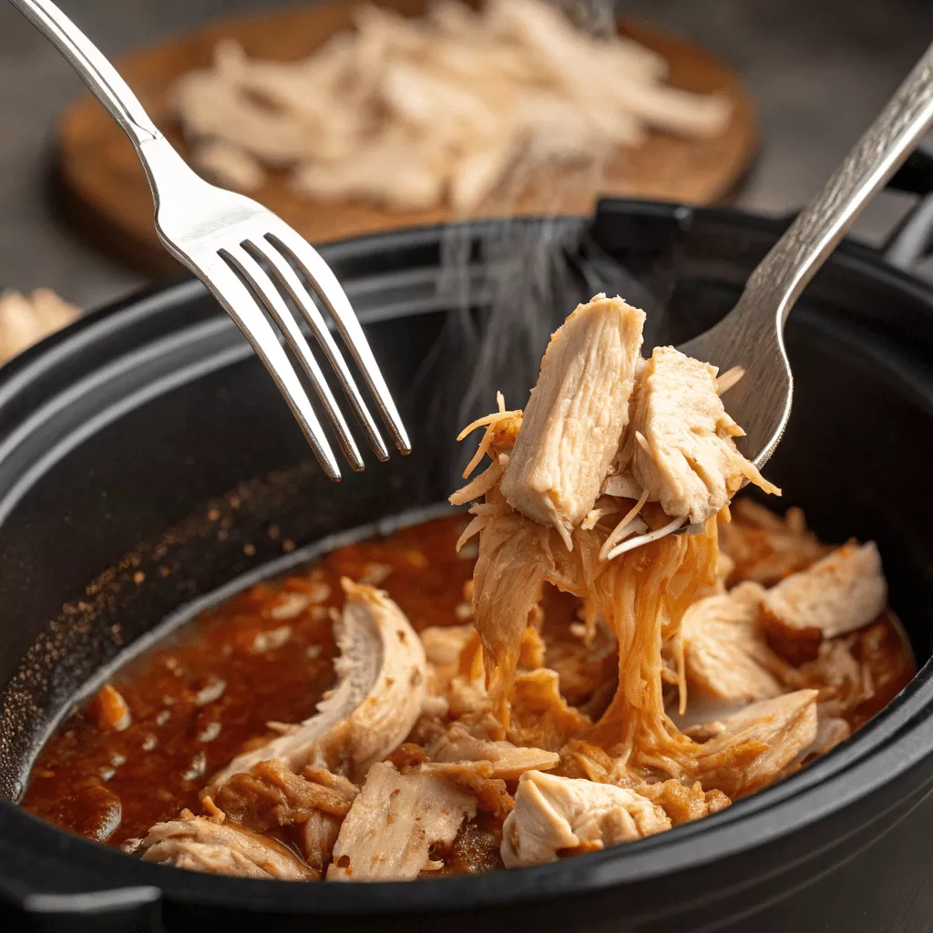 Shredding cooked chicken with forks in crock pot angel chicken