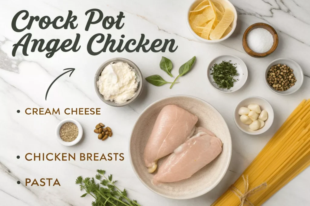 Ingredients for Crock Pot Angel Chicken recipe laid out on counter