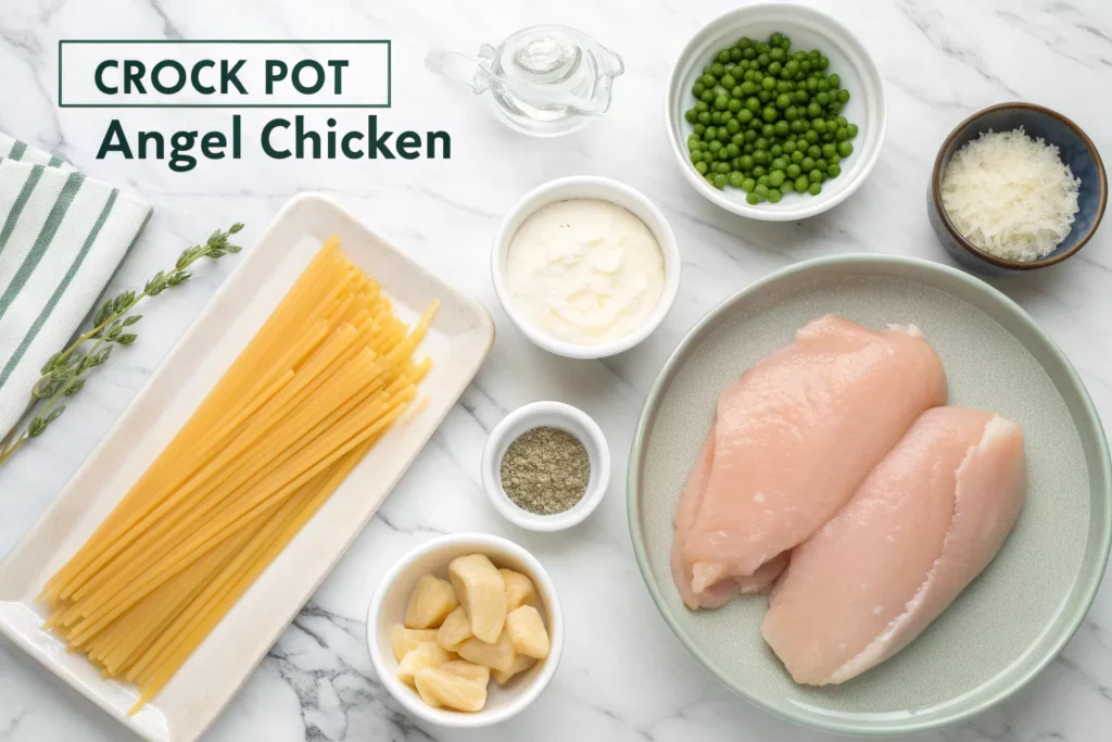 Ingredients for Crock Pot Angel Chicken recipe laid out on counter