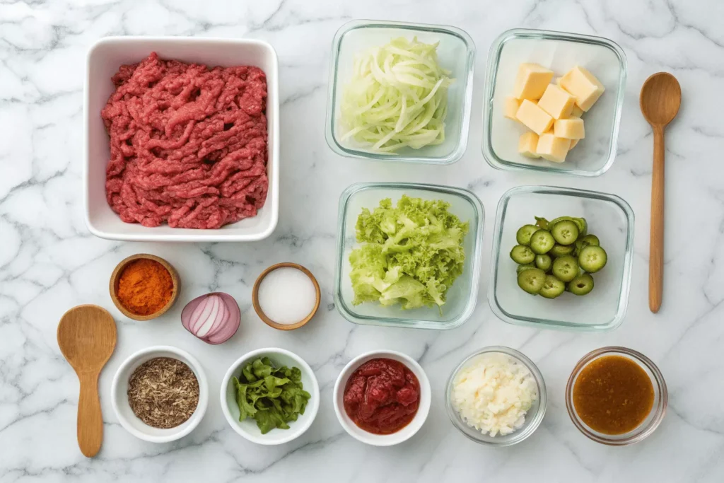 Big Mac salad ingredients laid out for keto recipe