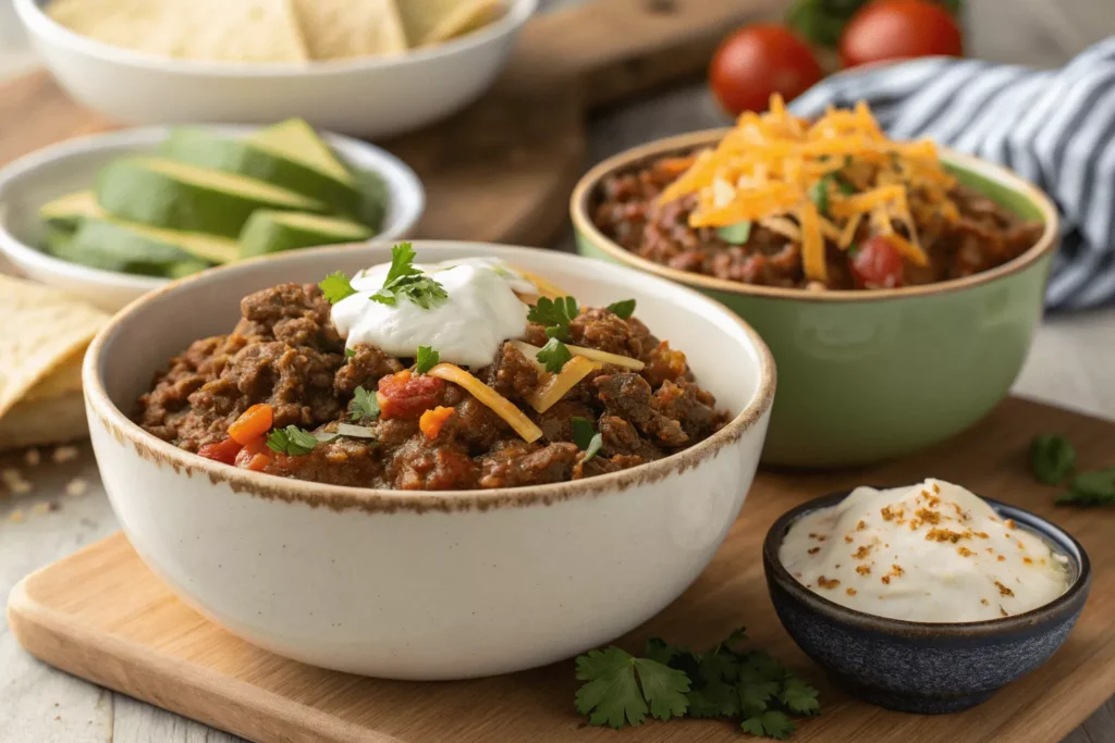 Mexican White Trash Casserole including seasoned meat and creamy sauce
