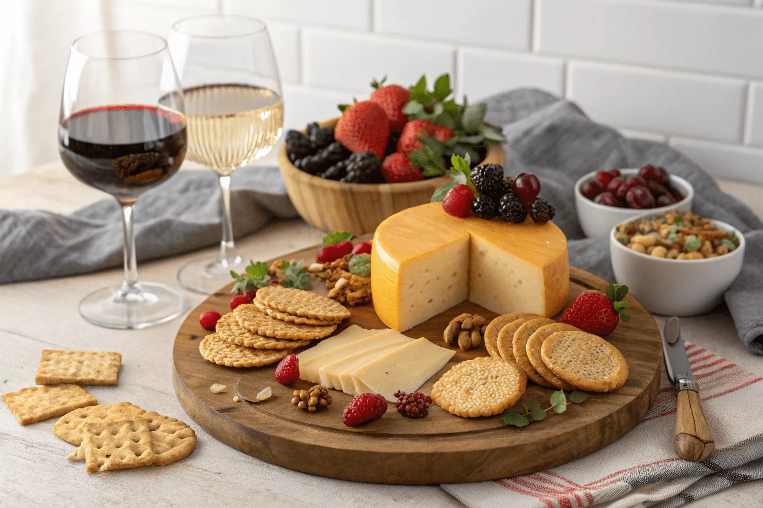 Wine pairing with smoked gouda cheese tasting setup"