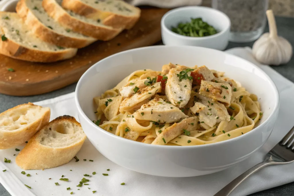 Crock pot angel chicken served over pasta with garlic brea