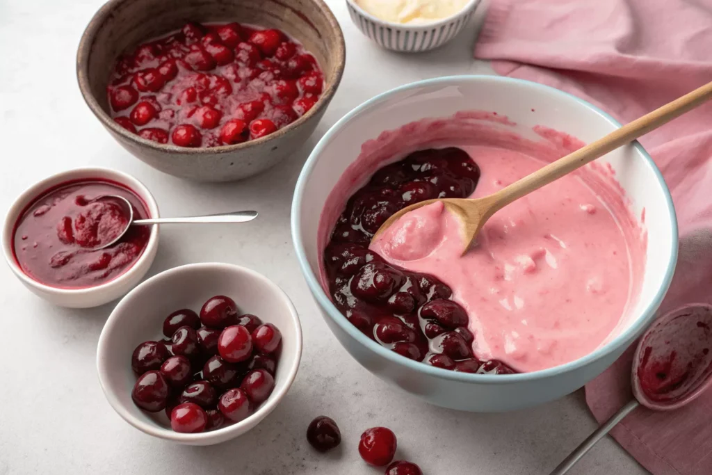 Mixing cherry pie filling with sweetened condensed milk for pink base