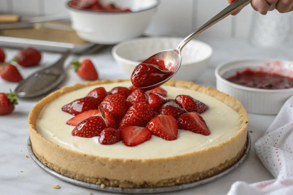  Spooning glazed strawberries over cream layer