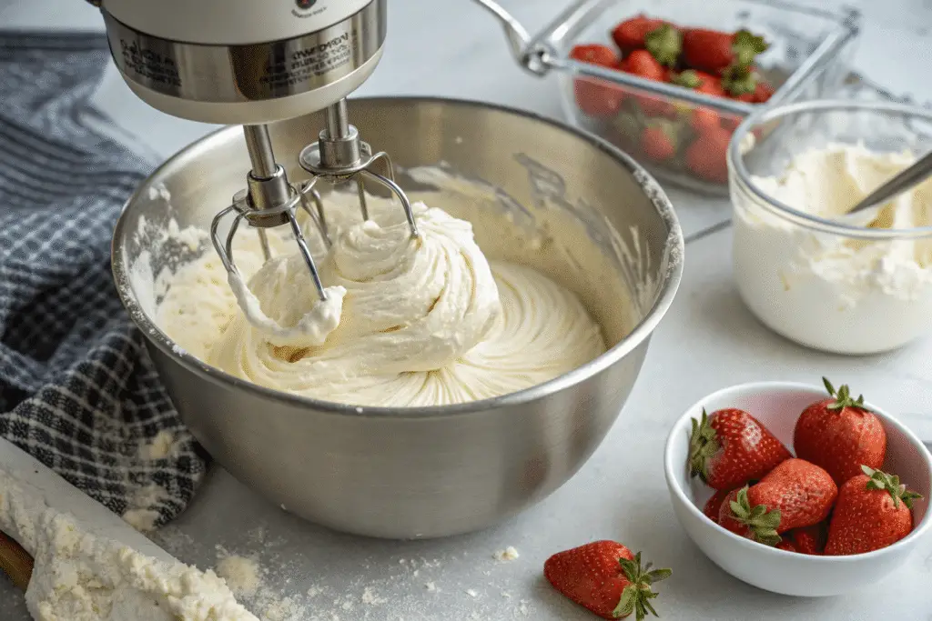 Folding whipped cream into cream cheese mixture