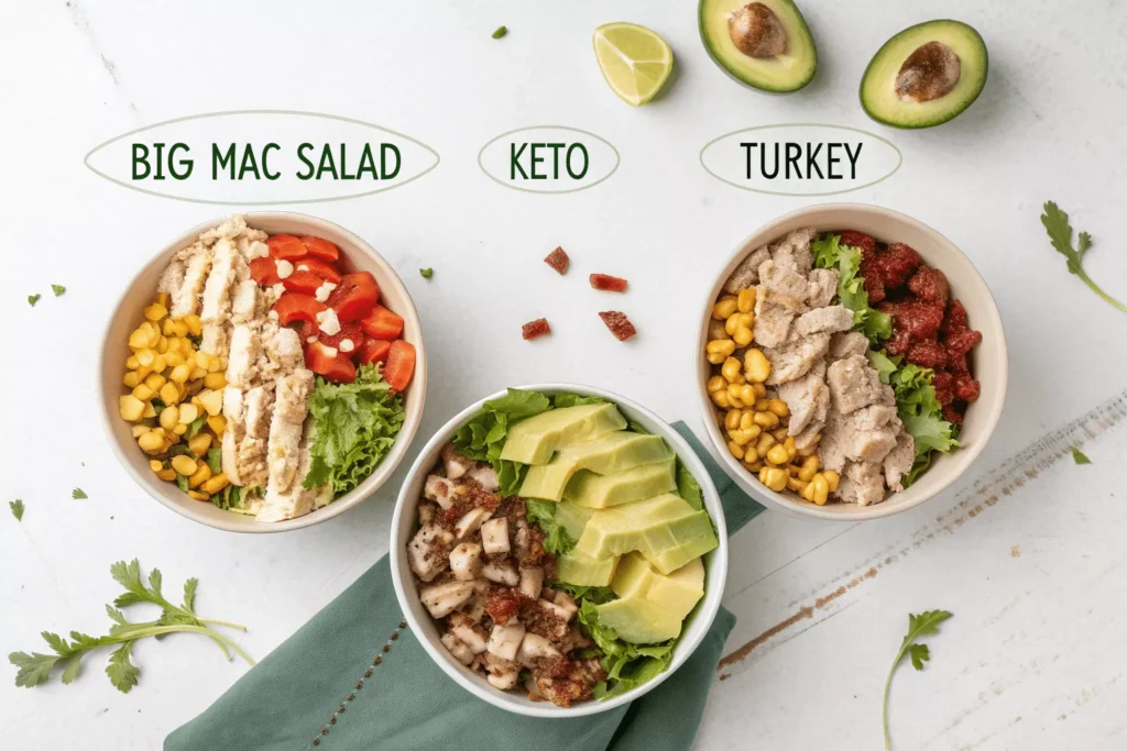 variations Big Mac salad in white bowl, special sauce drizzled on top