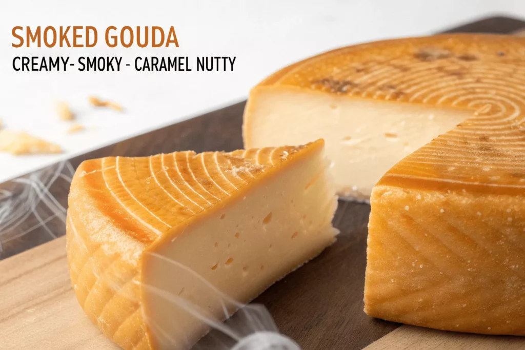 Close up texture of smoked gouda cheese showing smoky flavor layers