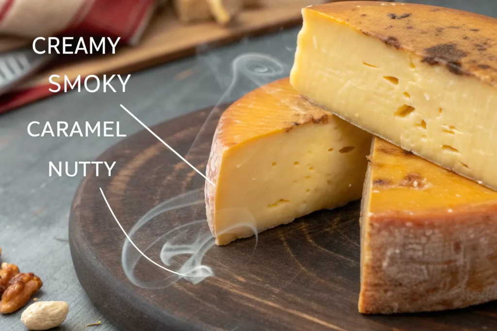 Close up texture of smoked gouda cheese showing smoky flavor layers