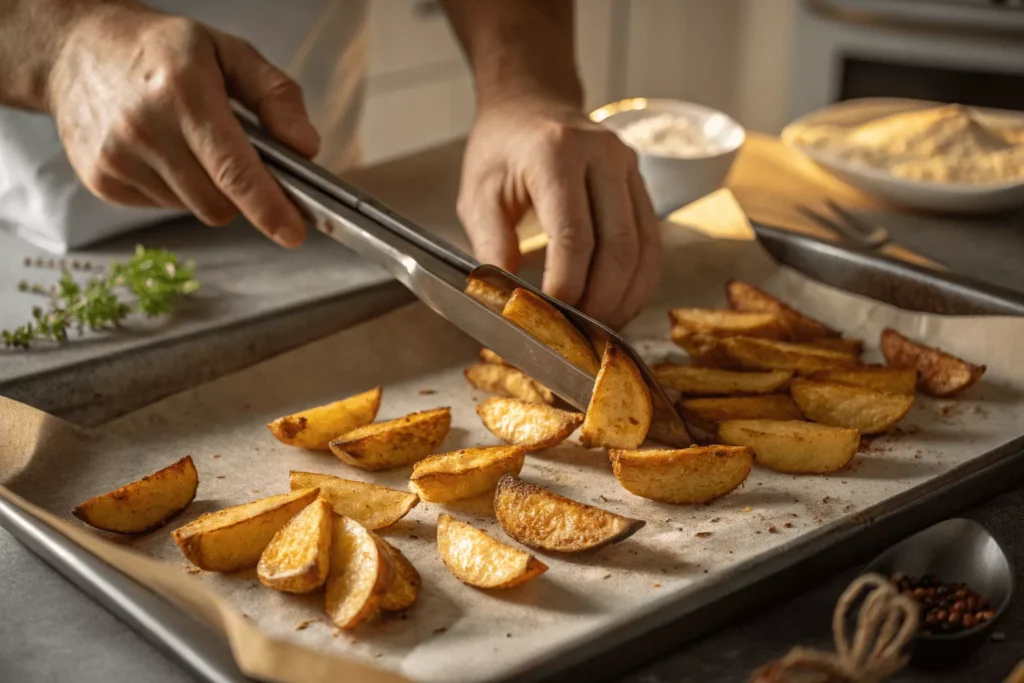 using metal tongs to flip golden-brown potato 
