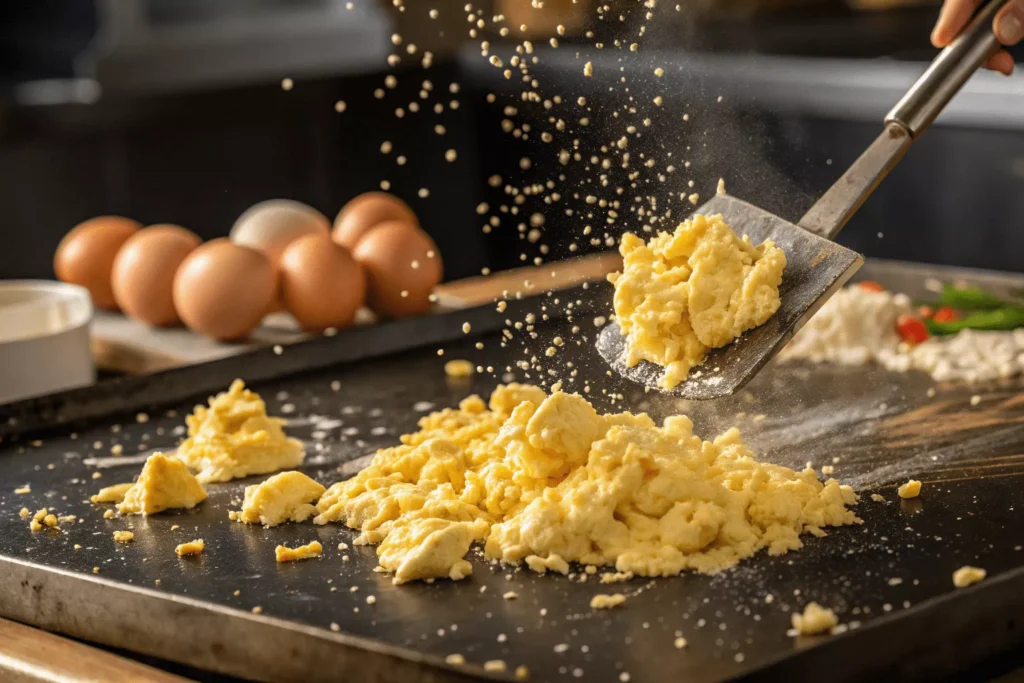 Beaten eggs being scrambled on Blackstone griddle