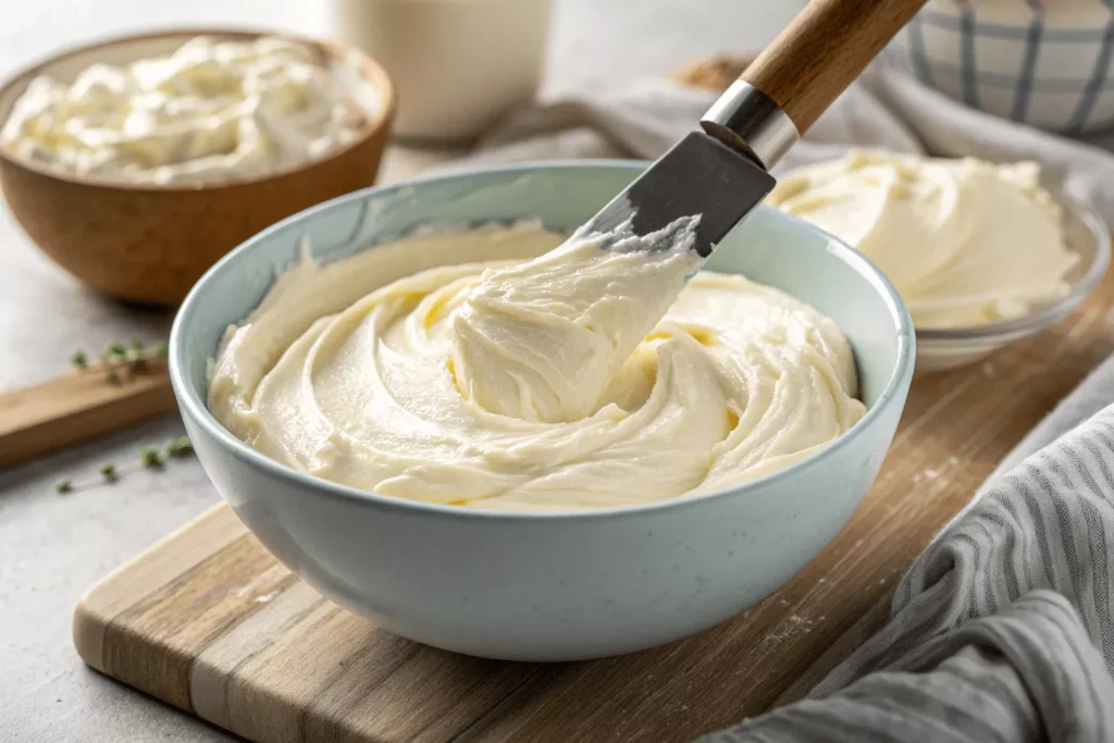 Bowl of fluffy whipped cream cheese mixture being folded with spatula