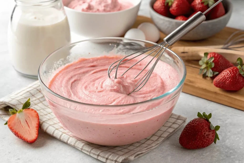 pink strawberry cake batter being mixed in a large glass bowl with whisk