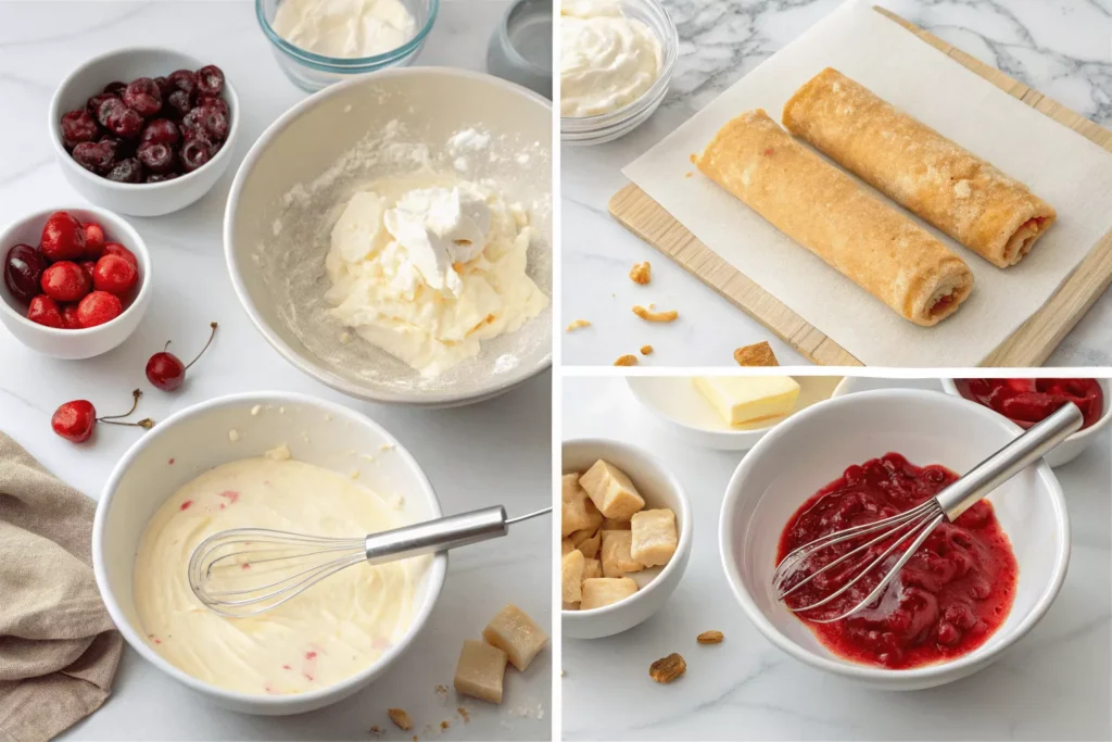 Step-by-step collage showing cream cheese mixing process