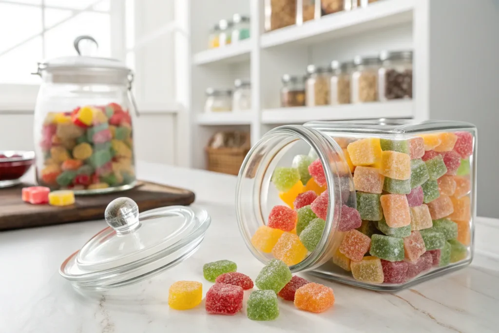 Clear glass airtight container filled with colorful homemade gumdrops