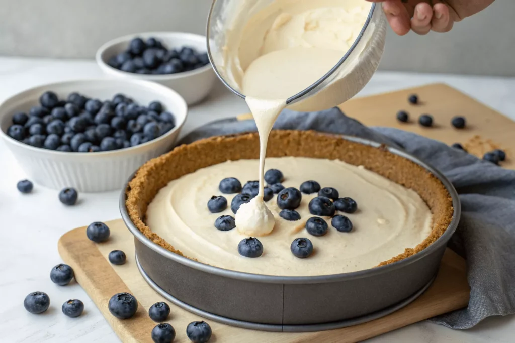 blueberry cheesecake batter being poured into graham cracker crust in springform pan