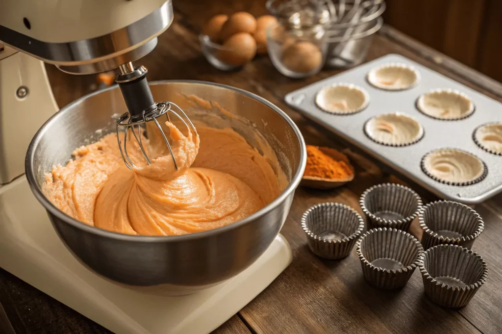 mixer bowl with creamy orange-tinted cupcake batter,