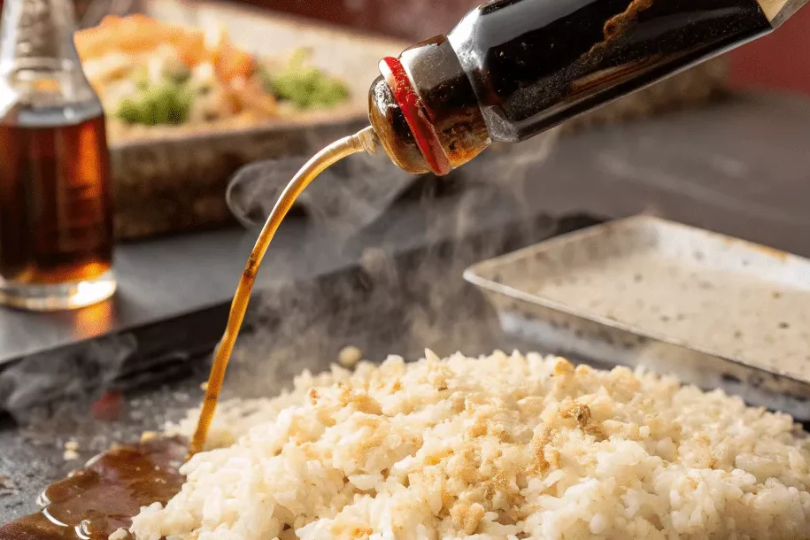 rice spreading across hot surface, soy sauce and sesame oil being drizzled from bottles