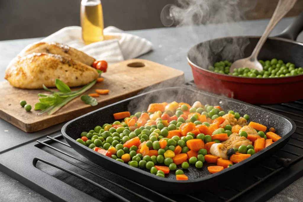 peas and carrots cooking on griddle