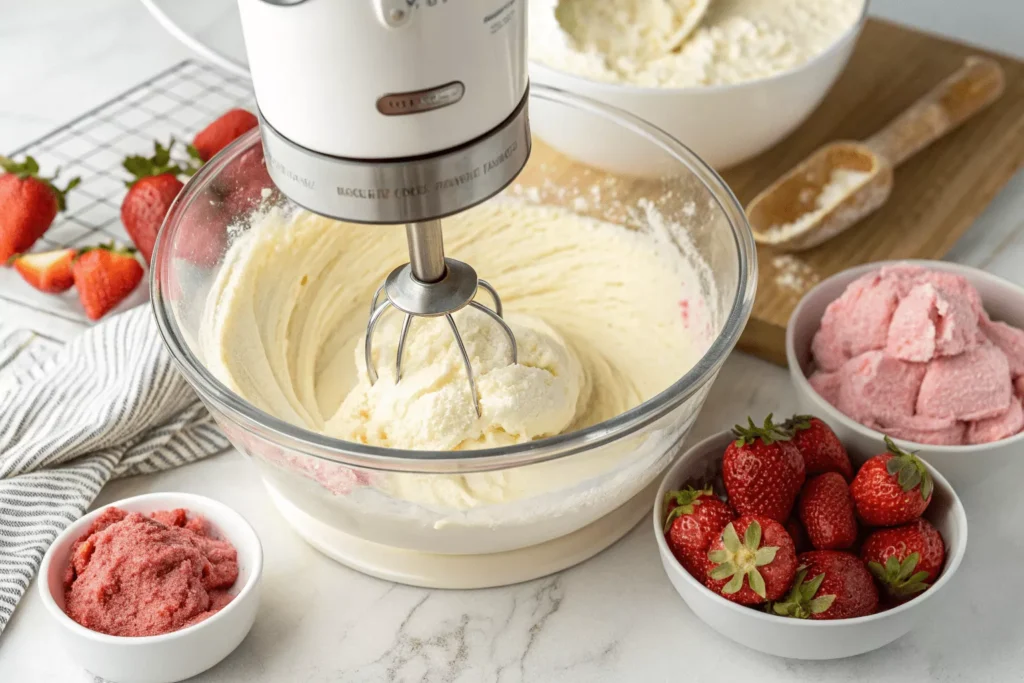 Smooth cream cheese base for strawberry cheesecake ice cream