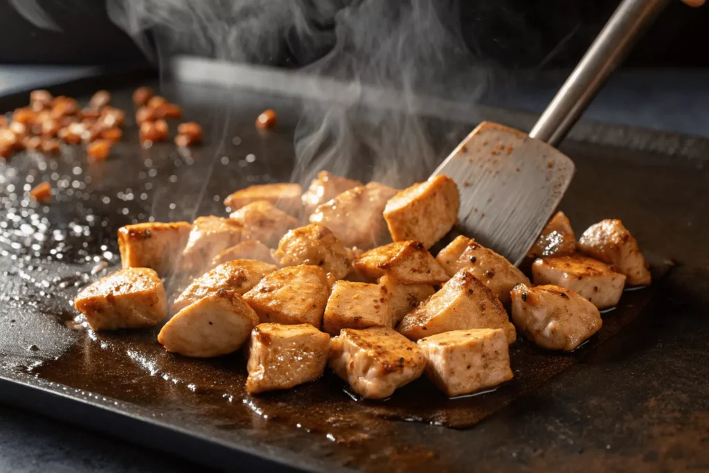 Diced chicken pieces searing on hot Blackstone griddle,
