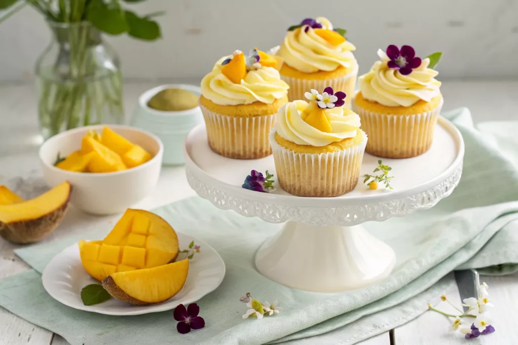 Elegant display of 4 frosted mango cupcakes 