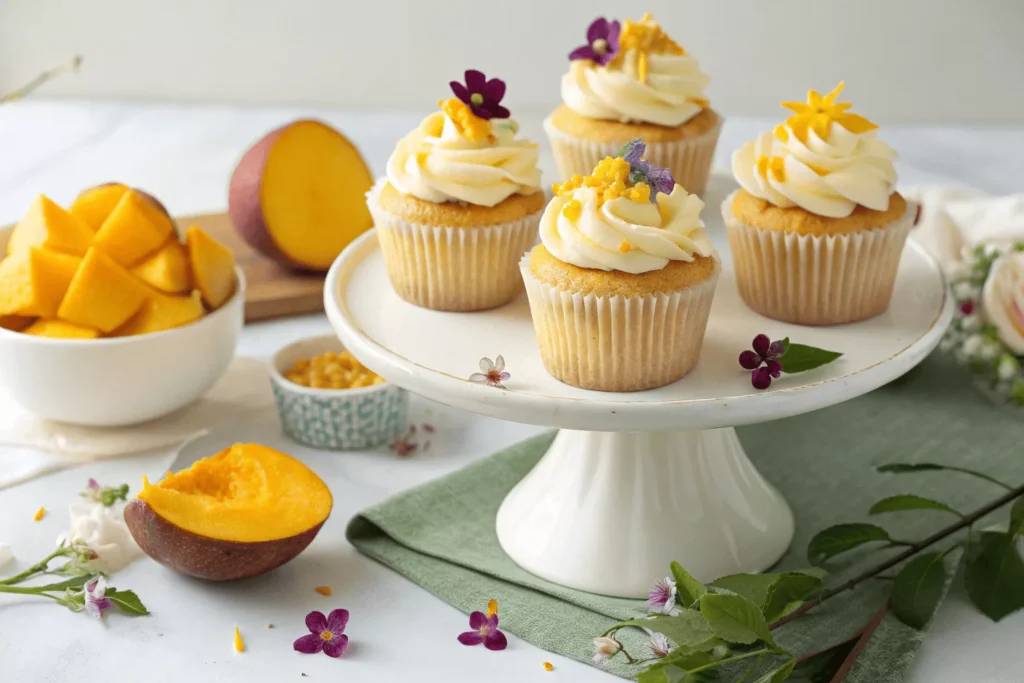 Elegant display of 4 frosted mango cupcakes 