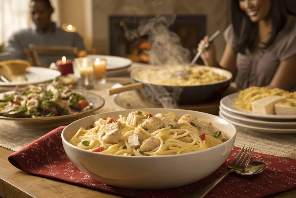 Family-style serving of crockpot chicken alfredo