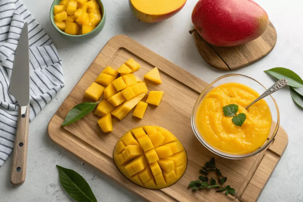 whole mango, diced mango pieces, and smooth orange