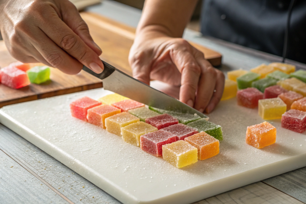 Hands cutting set gumdrop mixture into squares 