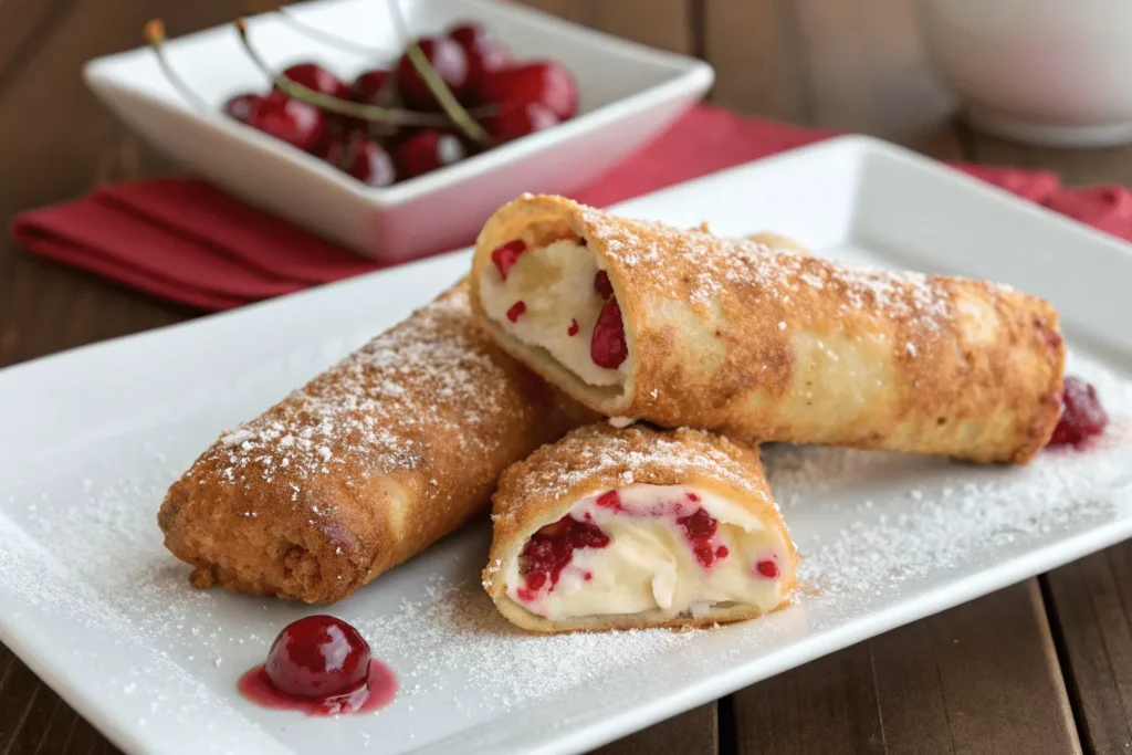 Golden crispy Cherry Cheesecake Egg Rolls with cream cheese filling and cherry pie filling
