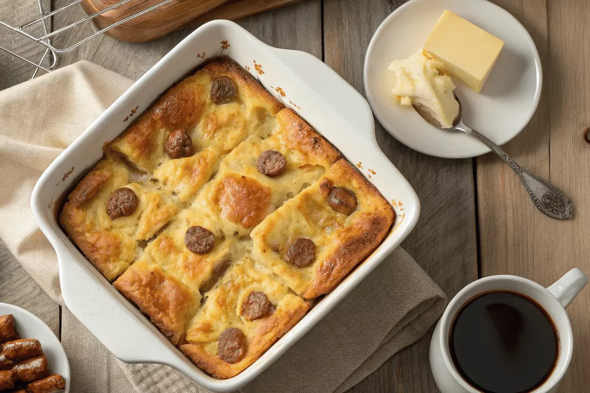 Golden brown pancake casserole with sausage in a white ceramic 9x13 baking dish