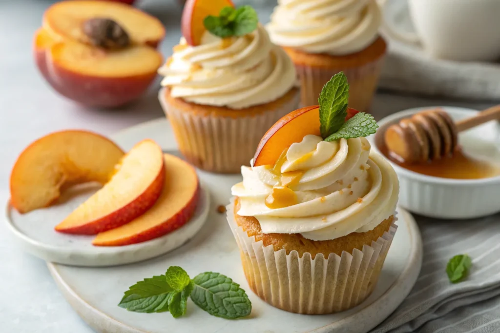 honey peach cream cheese cupcakes arranged on white marble surface