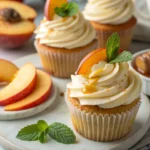 honey peach cream cheese cupcakes arranged on white marble surface