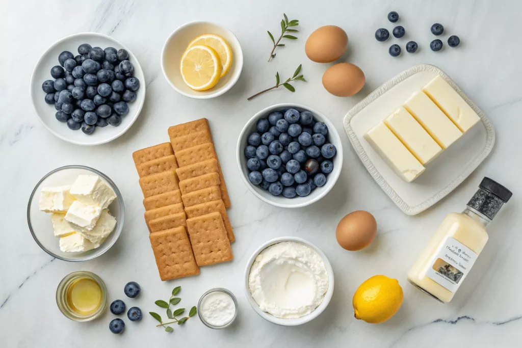 Flat lay overhead shot of all blueberry cheesecake ingredients