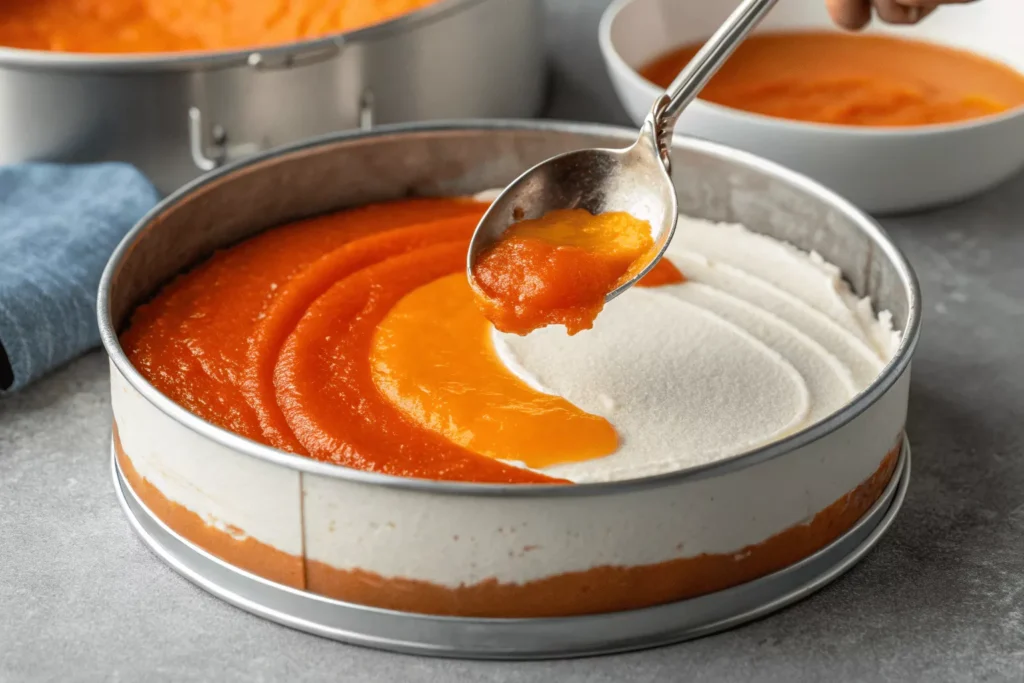 Layering process - orange mixture being spooned over white cream