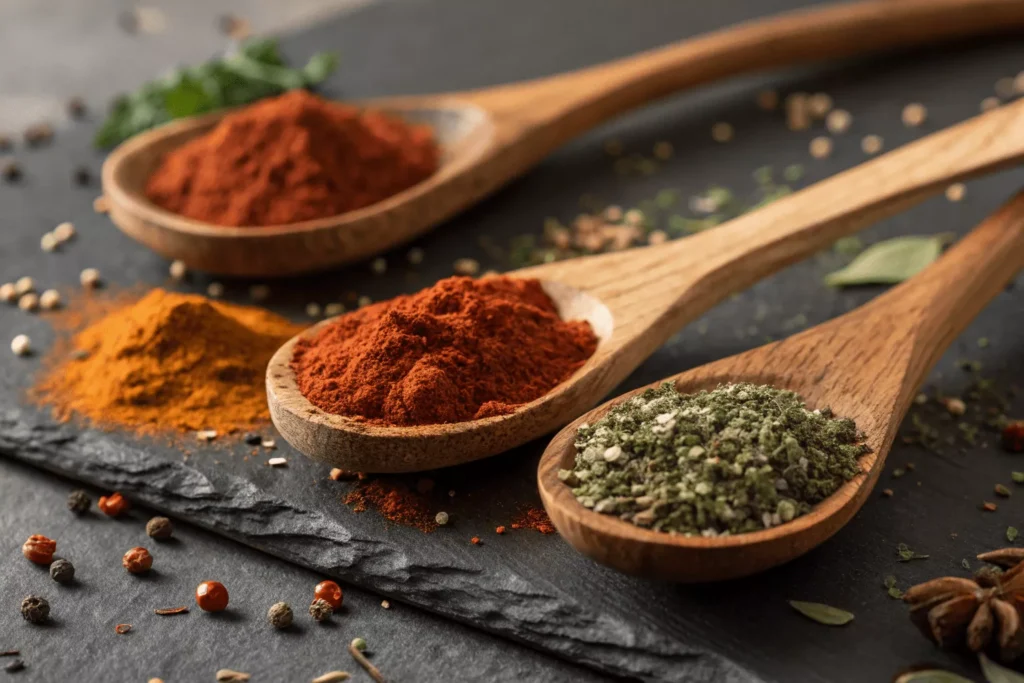 chimichanga seasoning blend in rustic wooden spoons. Show different colored spices