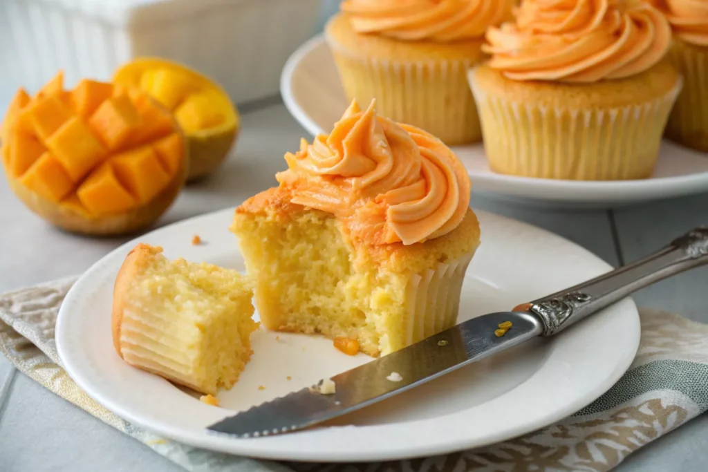 Mango cupcake cut in half showing moist golden interior crumb structure