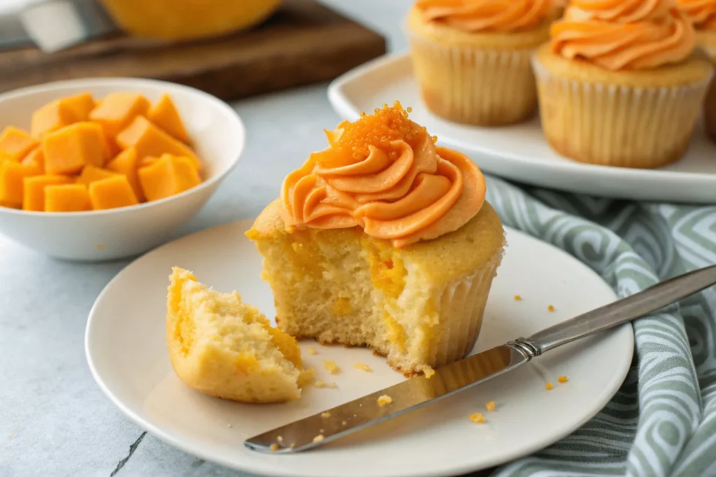 Mango cupcake cut in half showing moist golden interior crumb structure