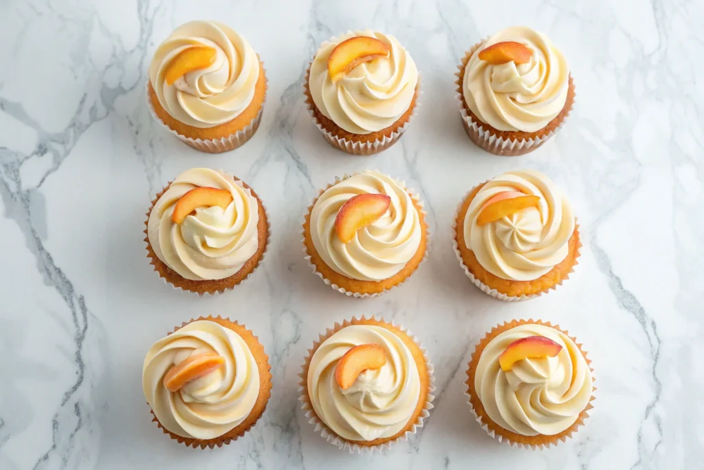 Overhead flat lay of 9 finished cupcakes 